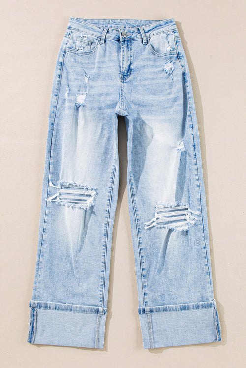 Distressed Denim Light Wash Straight Leg Jeans